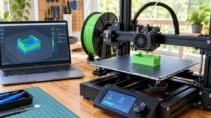 Impressora 3D FDM fabricando peça de PLA verde-claro, com painel de temperatura e progresso, ao lado de notebook exibindo a pré-visualização das camadas no fatiador.