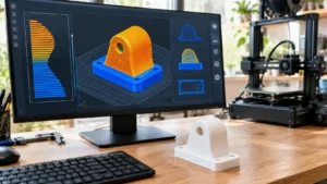 Monitor exibindo modelo mecânico em fatiador 3D com camadas azuis mais espessas na base e camadas laranjas mais finas na região curva superior.