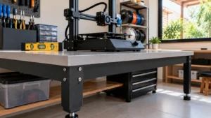 Impressora 3D FDM preta instalada sobre bancada metálica resistente com tampo cinza-claro, pés niveladores e nível de bolha em oficina doméstica.