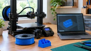 Bancada maker doméstica com impressora 3D preta, computador exibindo modelo tridimensional, bobina de filamento PLA azul e peça impressa.