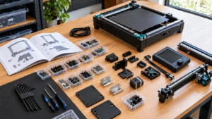 Bancada maker com chaves Allen, parafusos organizados, suportes metálicos, tela de controle e base de impressora 3D FDM desconectada.