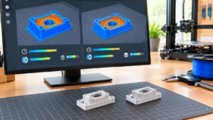 Monitor exibindo duas pré-visualizações da mesma peça 3D com camadas grossas e finas, indicadores de tempo e consumo de filamento, acompanhado de duas peças físicas de PLA branco.