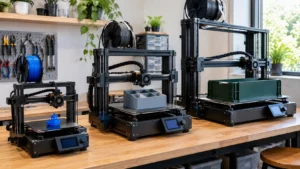 Três plataformas de impressão 3D FDM de tamanhos diferentes, com peça azul compacta, caixa organizadora cinza e componente retangular verde-escuro.
