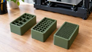 Três blocos retangulares de PLA verde-oliva com preenchimento retilíneo de diferentes densidades, mostrando estruturas internas espaçadas, intermediárias e densas.