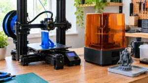 Comparação entre impressoras 3D FDM e de resina, destacando as diferenças entre os equipamentos e os objetos produzidos.