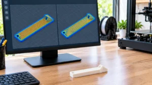 Monitor exibindo duas pré-visualizações da mesma peça mecânica, comparando perímetros de largura uniforme com trajetórias de largura variável em uma região triangular estreita.