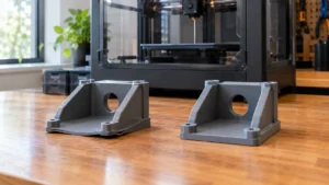 Duas peças de ABS cinza impressas em 3D, uma com cantos deformados e separação entre camadas e outra com base plana e paredes uniformes.