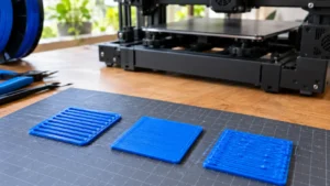 Três amostras de primeira camada impressas em PLA azul, mostrando linhas separadas por bico alto, deposição uniforme correta e excesso de compressão por bico baixo.