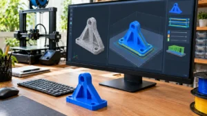 Monitor exibindo duas representações do mesmo suporte funcional em software 3D, com malha triangular cinza para STL e projeto 3MF em azul sobre mesa virtual.