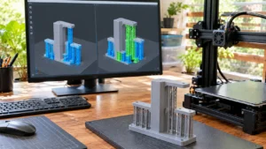 Monitor exibindo duas pré-visualizações de uma peça mecânica 3D, comparando suportes gerados somente na mesa com suportes adicionais iniciados sobre a própria peça.