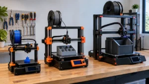 Três impressoras 3D FDM de tamanhos diferentes sobre bancada, produzindo peças azul, cinza e uma peça funcional volumosa.