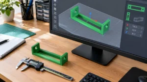 Monitor exibindo suporte retangular verde em software fatiador 3D, com ferramentas de escala, mesa virtual cinza, paquímetro digital e peça física de PLA verde.
