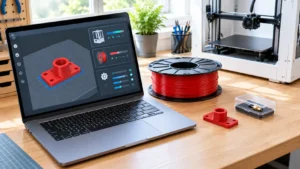 Notebook exibindo software fatiador 3D com modelo vermelho e áreas de configuração da impressora, filamento e parâmetros de impressão, acompanhado de bobina de PLA, bico extrusor e peça de teste.