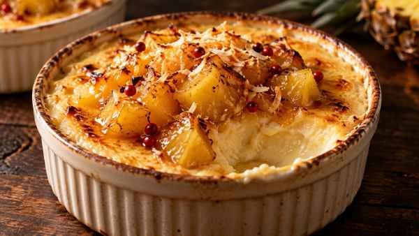 Creme Assado de Coco com Calda de Abacaxi e Pimenta-Rosa