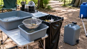 Bancada portátil de camping com bacia de água usada, peneira fina retendo restos de alimentos, recipiente de coleta, saco de lixo e galão para transporte de água cinza.