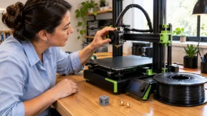 Engenheira examinando o extrusor e a mesa de uma impressora 3D FDM preta e verde, com bicos de reposição, filamento PLA e peça de teste.