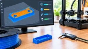 Monitor exibindo peça mecânica 3D com paredes azuis, preenchimento laranja e indicadores de tempo de impressão, consumo de filamento e quantidade de camadas, ao lado de peça em PLA azul e bobina de filamento.