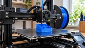 Impressora 3D FDM doméstica produzindo um objeto azul em camadas, com bico extrusor, mesa de impressão e trilhos visíveis.