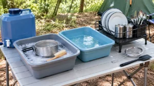 Estação de lavagem de utensílios no camping com duas bacias, panela de alumínio, escorredor portátil, talheres, pratos esmaltados e reservatório de água potável.