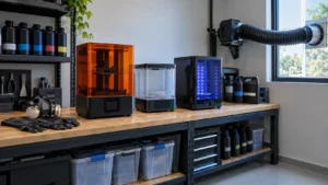 Oficina maker com impressora 3D MSLA de resina, estação de lavagem e cura, recipientes fechados, luvas de proteção química e sistema de exaustão.