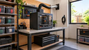 Impressora 3D FDM fechada com gabinete grafite, porta transparente, sistema de exaustão externo, filamentos armazenados e cabos organizados.