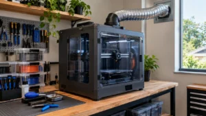 Impressora 3D FDM fechada com gabinete grafite, porta transparente e sistema de exaustão por duto em oficina maker residencial.