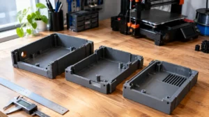 Componente funcional de PLA cinza-escuro dividido em três partes impressas em 3D, com pinos de alinhamento e encaixes visíveis sobre bancada maker.