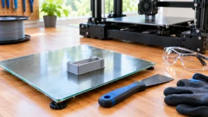 Placa de vidro de impressora 3D com peça retangular de PLA cinza-claro ainda aderida, espátula apropriada ao lado, além de óculos de proteção e luvas sobre bancada maker.