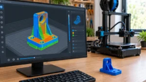 Monitor exibindo modelo de suporte mecânico fatiado em camadas, com paredes azuis, preenchimento interno laranja e estruturas de suporte verdes.