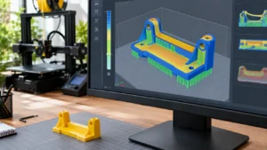 Monitor exibindo suporte mecânico fatiado em camadas no software fatiador 3D, com paredes azuis, preenchimento amarelo e suportes verde-claro.
