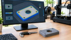 Monitor exibindo peça retangular com furo central em software fatiador 3D, com três perímetros concêntricos coloridos e preenchimento interno cinza-claro.