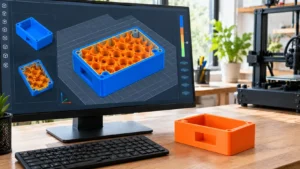 Monitor exibindo caixa retangular em software fatiador 3D, com paredes externas azuis, preenchimento giroide laranja e controle de visualização das camadas.