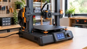 Impressora 3D FDM cinza-escura com detalhes laranja, ligada durante a primeira inicialização, com tela de controle iluminada e mesa de impressão vazia.