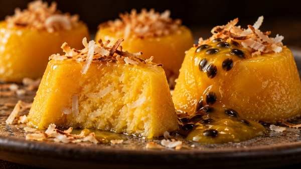 Quindim de Coco Tostado com Calda Ácida de Maracujá