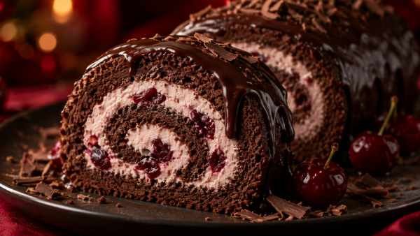 Rocambole de Cacau com Creme de Cereja e Ganache de Especiarias