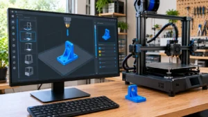 Monitor exibindo software fatiador 3D com lista de modelos de impressoras, configuração de bico extrusor e suporte mecânico azul sobre mesa virtual cinza.