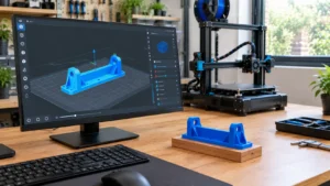 Monitor exibindo software fatiador 3D com suporte funcional azul sobre mesa virtual cinza e peça impressa semelhante ao lado do computador.