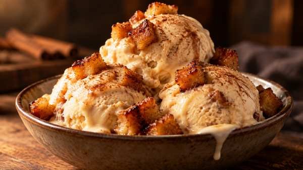 Sorvete Caseiro de Rabanada com Canela e Pão Caramelizado