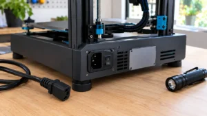 Parte traseira de impressora 3D FDM desligada, com conector de energia, cabo desconectado, etiqueta de especificações elétricas e lanterna de inspeção sobre bancada.
