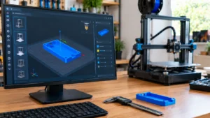 Monitor exibindo software fatiador 3D com peça funcional retangular azul sobre mesa virtual cinza, eixos X, Y e Z, paquímetro digital e peça física de PLA azul ao lado.