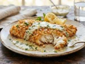 Filé de Peixe Empanado com Molho de Limão