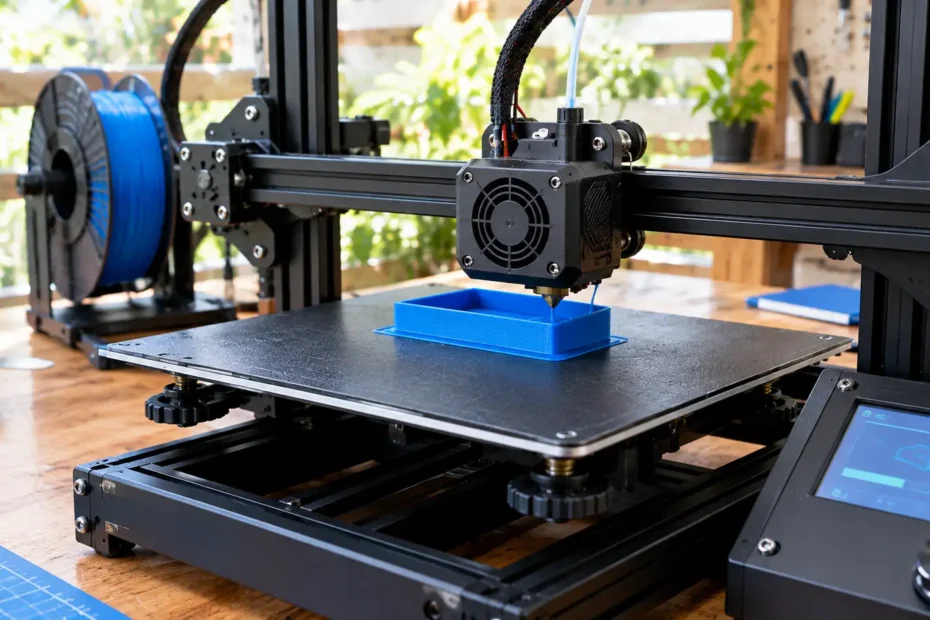 Impressora 3D FDM fabricando uma pequena peça de PLA azul, com primeiras camadas aderidas à mesa e painel de controle exibindo informações de funcionamento.