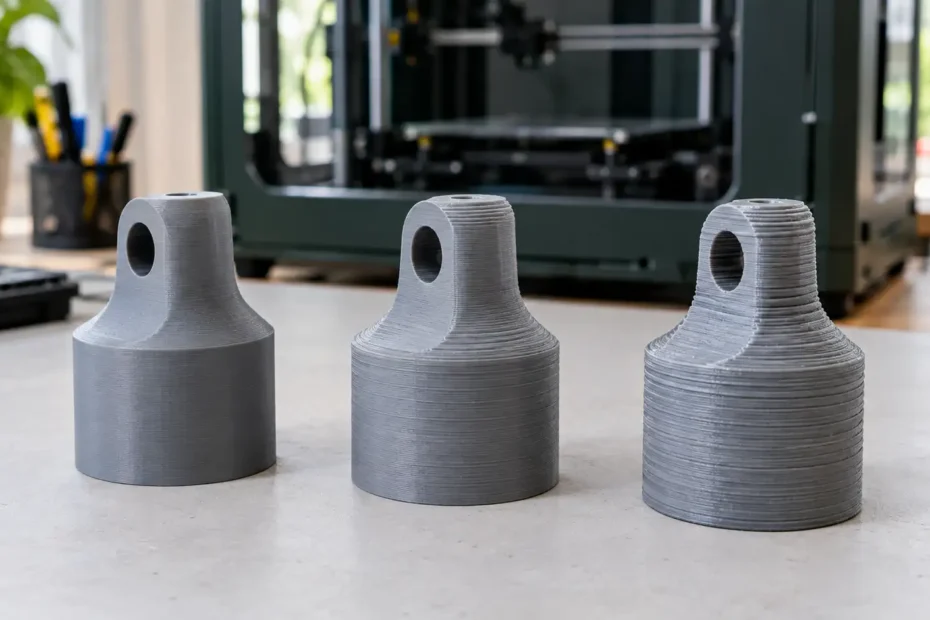 Três peças cilíndricas de PLA cinza impressas em 3D com diferentes alturas de camada, apresentando variações visíveis na textura e no acabamento das paredes.