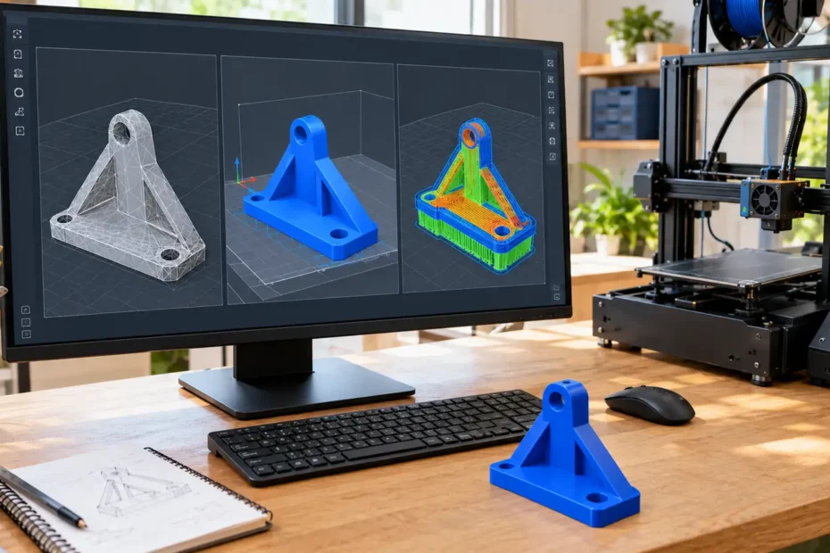 Monitor exibindo três representações de um suporte 3D: malha triangular, projeto na mesa virtual e pré-visualização das trajetórias de impressão.