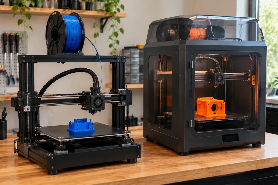 Impressora 3D FDM aberta de estrutura preta ao lado de impressora 3D fechada com painéis transparentes em bancada maker doméstica.