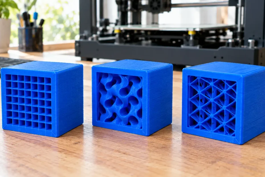 Três peças de PLA azul com paredes abertas mostrando diferentes estruturas de preenchimento interno utilizadas na impressão 3D FDM.