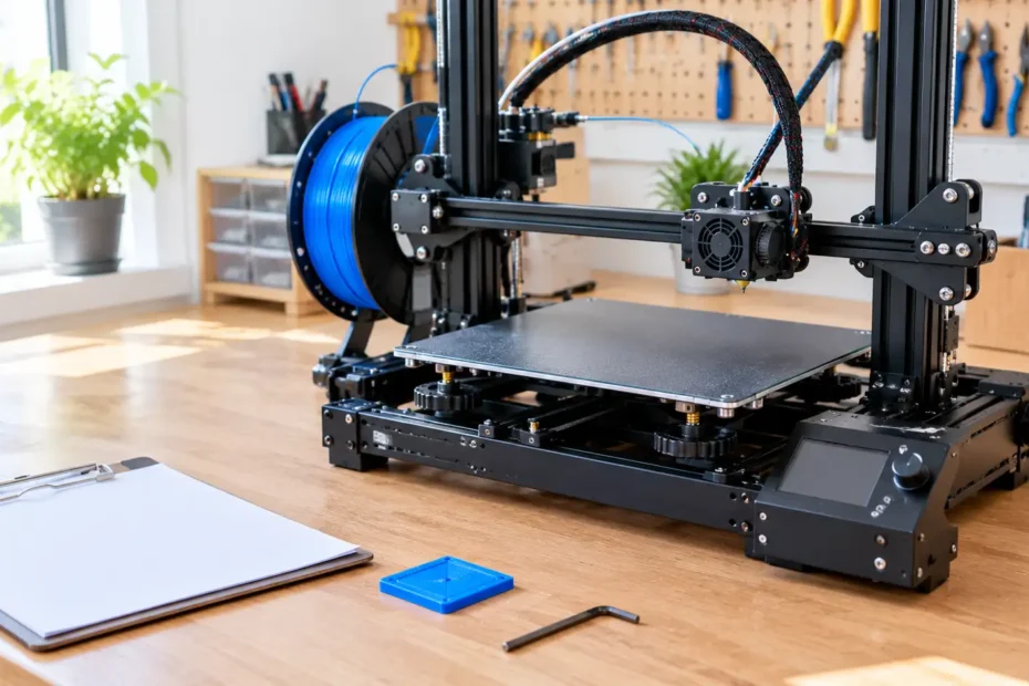 Impressora 3D FDM sobre bancada maker com mesa de impressão limpa, carretel de PLA instalado, cabeçote estacionado e ferramentas organizadas para conferir a configuração inicial.