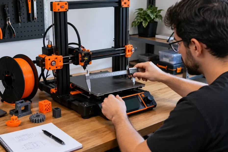 Pessoa avaliando uma impressora 3D FDM de mesa, verificando a estrutura, o extrusor e a área de impressão antes da compra.
