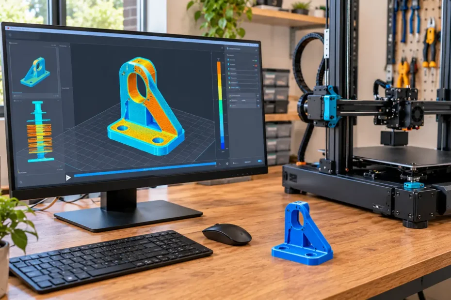 Computador exibindo a visualização em camadas de uma peça tridimensional em software fatiador, ao lado de impressora 3D FDM em bancada maker.