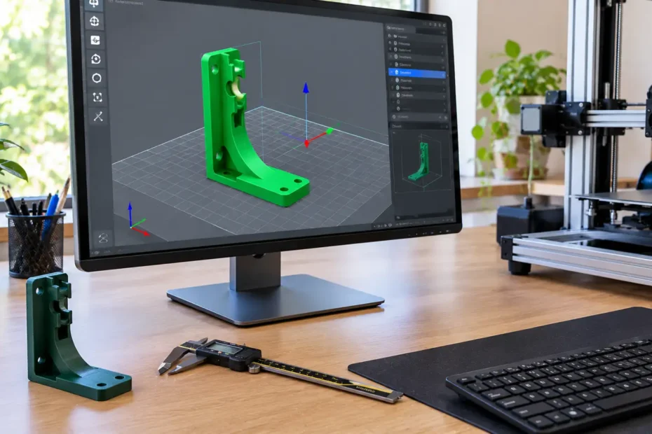 Monitor exibindo um modelo tridimensional de suporte funcional verde sobre mesa virtual de software fatiador, com impressora 3D FDM ao lado.